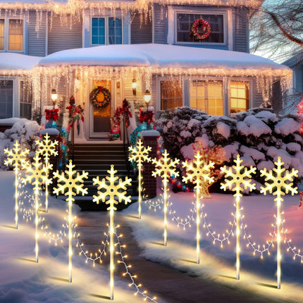 10 Pcs Christmas Snowflake Pathway Stake Lights for Outdoor Yard, 370 Bright LEDs Waterproof Large Christmas Snowflake Light Decoration for Garden Lawn Driveway Walkway Decor (Warm White)