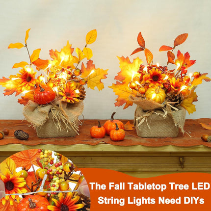 [ 2 Styles & Lighted ] 2 Pack 11 Inch Fall Maple Tree Thanksgiving Decor, Artificial Tabletop Fall Tree with 20 LEDs Battery Powered Fall Leafed Pumpkin Daisy Cones Berry Fall Decorations for Home