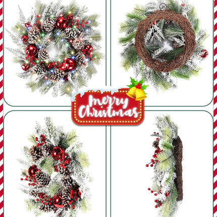 DDHS Christmas Wreaths for Front Door,24 Inch Pre-Lit Winter Wreath with Big Bells, Pine Cones, Red Berries 60 LED Lights, for Party Table Fireplaces Porch Walls Years Christmas Home Decor-Snow
