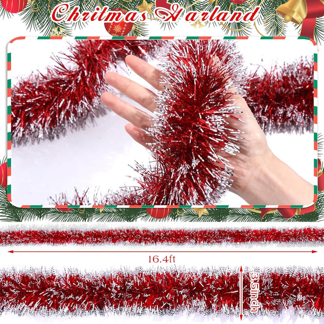 Waydress 4 Pcs Red Tinsel Garland Christmas Tree Decoration Streamer White Snow Metallic Garland Xmas Tree Hanging Streamers for Party Supplies Indoor Outdoor Decor, 3.5 Inch Wide