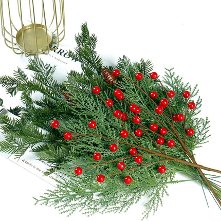 Sggvecsy 30 Pcs Artificial Pine Branches Fake Greenery Pine Picks with Pine Cones Artificial Red Berry Branches Christmas Pine Needles for DIY Wreath Xmas Embellishing Flower Arrangements Decoration