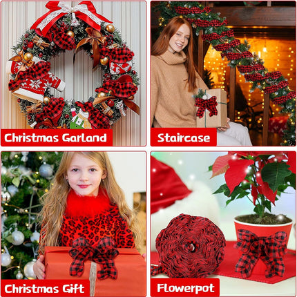 15 Yards Plaid Christmas Tree Garland Christmas Buffalo Plaid Ribbon Ruffled Homespun Fabric Garland Christmas Tree Ribbon Decorations for Christmas Home Wreath Staircase Tree Decor (Red and Black)