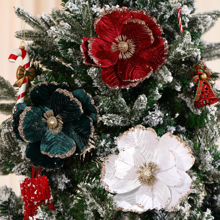 6 Pcs Large Glitter Christmas Flowers 8.3’’ Artificial Magnolia Flower Velvet Fold Christmas Tree Flower Decorations Xmas Tree Year Party Wedding Ornaments (Blackish Green)