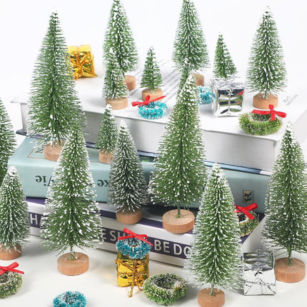 30 PCS Mini Sisal Frosted Christmas Trees, 5 Size Artificial Christmas Trees Bottle Brush Christmas Tree with Wooden Base for Tabletop Christmas Party Home Interior Decor (Green)