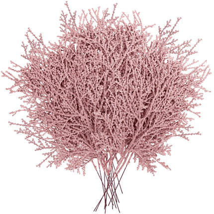 Winlyn 15 Pcs Christmas Artificial Cedar Sprays Rose Gold Glittered Faux Cedar Stems Christmas Tree Ornament Picks 14.4" for Rose Gold Christmas Tree Wreath Wedding Holiday Centerpiece DIY Project
