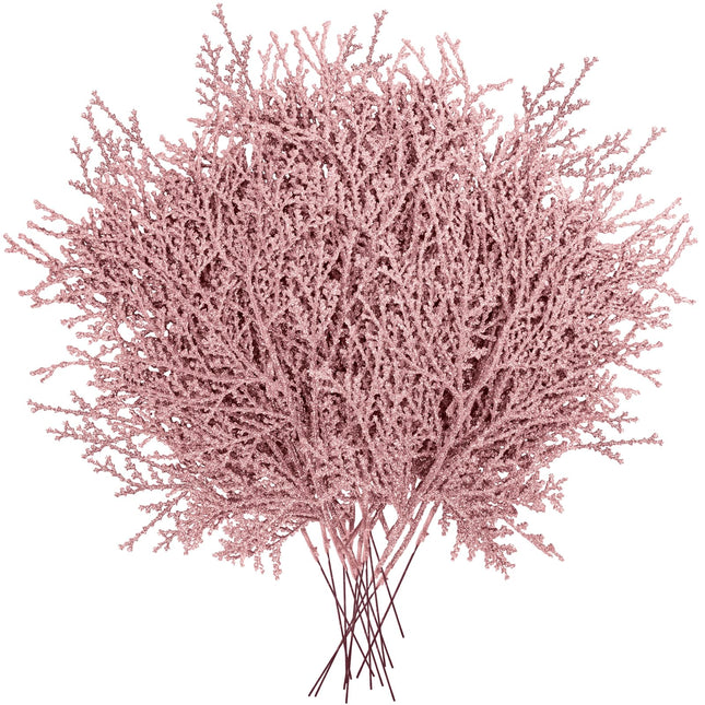 Winlyn 15 Pcs Christmas Artificial Cedar Sprays Rose Gold Glittered Faux Cedar Stems Christmas Tree Ornament Picks 14.4" for Rose Gold Christmas Tree Wreath Wedding Holiday Centerpiece DIY Project