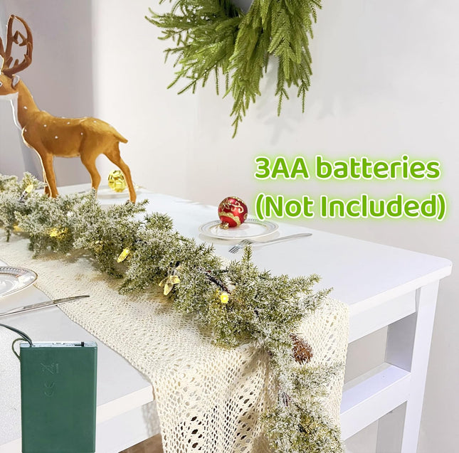 Pine Garland-6FT Christmas Garland,Artificial Evergreen Garland, Battery Operated Garland with Lights,Prelit Garland Timer for Mantle Holiday Outdoor Indoor Fireplace Decor
