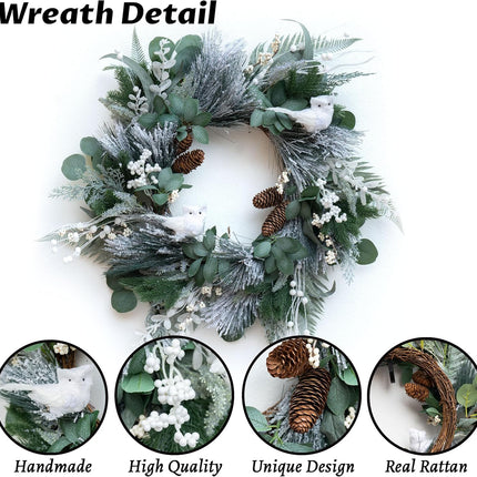 Winter Wreaths for Front Door 24 Inch Snowy Flocked Christmas Wreath Artificial Green Olive Eucalyptus Wreath with Cute White Owl,Pine Cones,Cedar,White Berries for Indoor Outdor Decor
