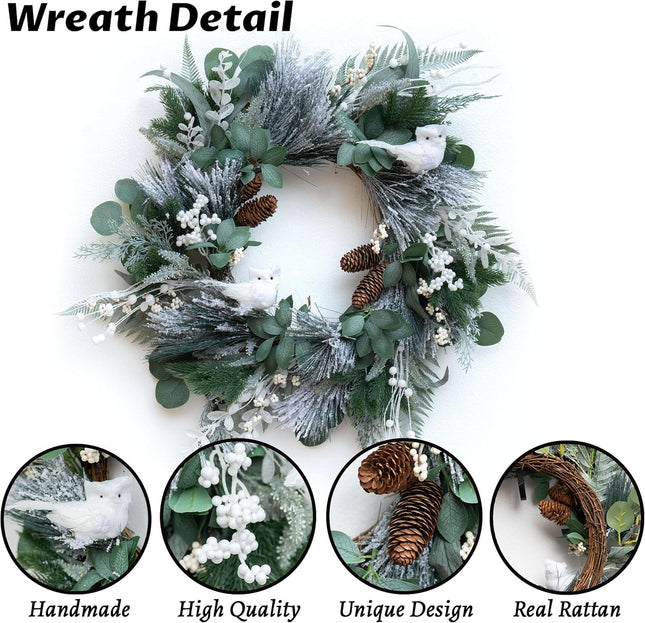Winter Wreaths for Front Door 24 Inch Snowy Flocked Christmas Wreath Artificial Green Olive Eucalyptus Wreath with Cute White Owl,Pine Cones,Cedar,White Berries for Indoor Outdor Decor