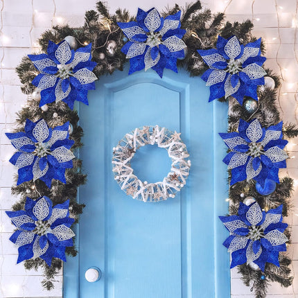 14 Set 8.7" Wide 4 Layers Christmas Blue Glitter Poinsettia Flowers Picks Christmas Tree Ornaments for Blue Christmas Tree Wreaths Garland Holiday Seasonal Festive Navidad Decoration Box Included