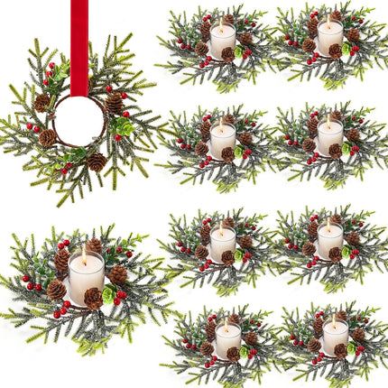Mini Small Christmas Wreaths for Kitchen Cabinets-8pcs Christmas Candle Rings- Frosted Cedar Christmas Candle Rings Wreaths for Pillars/Window/Chair Wall-Christmas Table Centerpieces Decorations