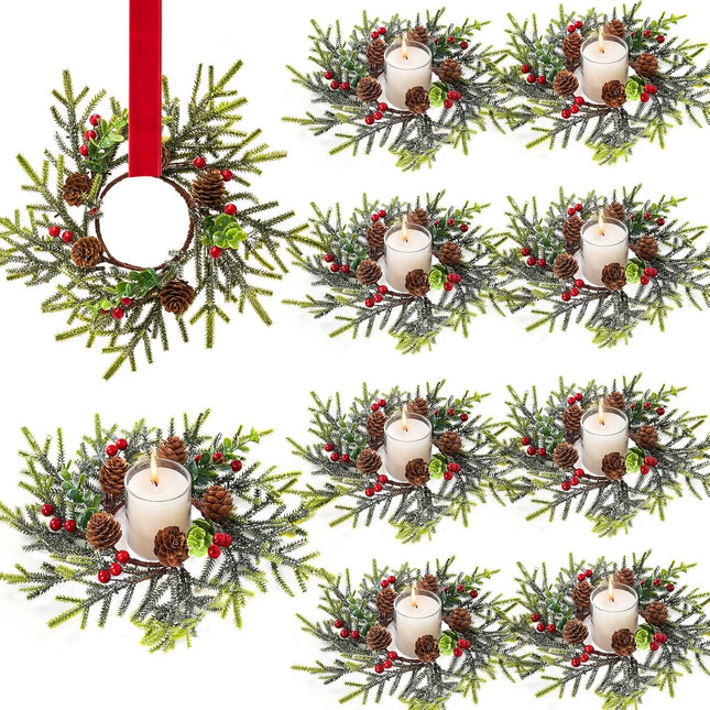 Mini Small Christmas Wreaths for Kitchen Cabinets-8pcs Christmas Candle Rings- Frosted Cedar Christmas Candle Rings Wreaths for Pillars/Window/Chair Wall-Christmas Table Centerpieces Decorations