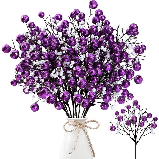 Sggvecsy 15 Pack Artificial Glitter Berry Stems 11.4 inch Christmas Glitter Berries Spray Picks Holly Berry Branches for Christmas Tree Ornaments DIY Crafts Wreath Xmas Holiday Home Decor(Purple)