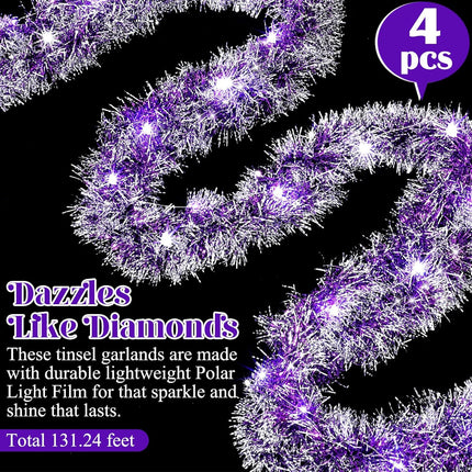 Ceenna 32.8 Feet by 3.5 Inch Christmas Tinsel Garland with 32.8 Feet 100 LED Lights for Xmas Tree Party Christmas Decorations, Room Decor, Wedding, Birthday, Party Supplies (4 Pcs,Purple)
