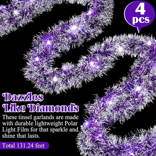 Ceenna 32.8 Feet by 3.5 Inch Christmas Tinsel Garland with 32.8 Feet 100 LED Lights for Xmas Tree Party Christmas Decorations, Room Decor, Wedding, Birthday, Party Supplies (4 Pcs,Purple)