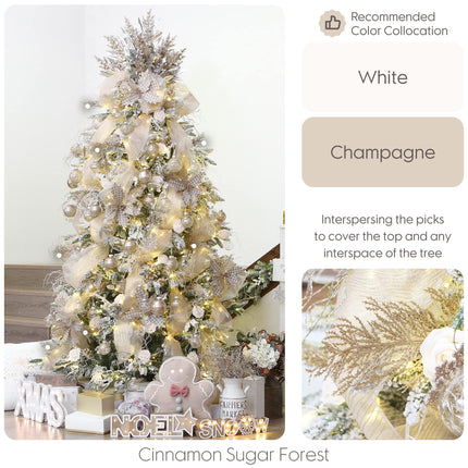 Sea Team 24-Pack Artificial Glitter Pine Tree Twig Ornaments, Decorative Sticks, Glittery Stems, Picks, Branches for Christmas Tree, Small Vase, Holiday, Wedding, Party (14 Inches, Champagne)