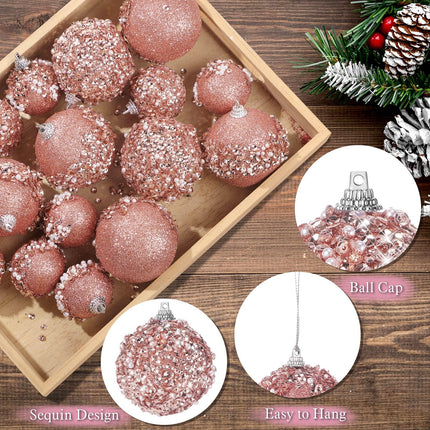 Poen 24 Pcs Glitter Christmas Ball Ornaments Set Christmas Tree Ornaments Hanging Sequin Foam Christmas Balls Decoration for Xmas Tree Wreath Garland Christmas Home Decor Wedding Party(Rose Gold)