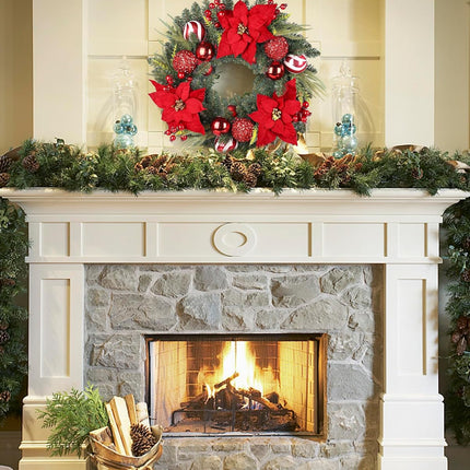 24 Inch Christmas Wreath, Artificial Christmas Wreath for Front Door, Decorated with Cypress Leaves, Christmas Flowers, Red Berries, Atmosphere Balls, Suitable for Indoor and Outdoor