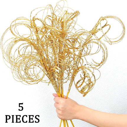 Glitter Curly Christmas Spray Wispy Christmas Picks Artificial Curly Twigs Christmas Branches for Vases Glitter Branches for Christmas Tree Vases Wreath Garland Banquet Decoration, 5 Pieces (Gold)