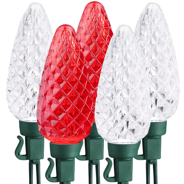 Brizled Red & White Christmas Lights, 33ft 50 LED Faceted C9 String Lights Outdoor, Connectable Christmas Tree Lights, UL Indoor Xmas Lights Waterproof for Christmas House Roof Party Decor