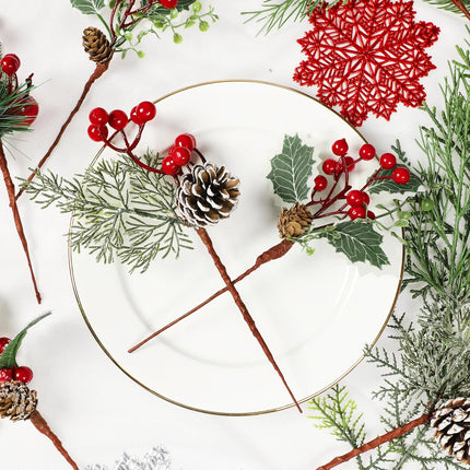 Cekene 12PC Artificial Christmas Pine Picks Branches Assorted Christmas Red Berry Picks with Pine Cones Faux Holly Stems Branches Holiday Floral Picks for Christmas Decoration Wreath Garland DIY