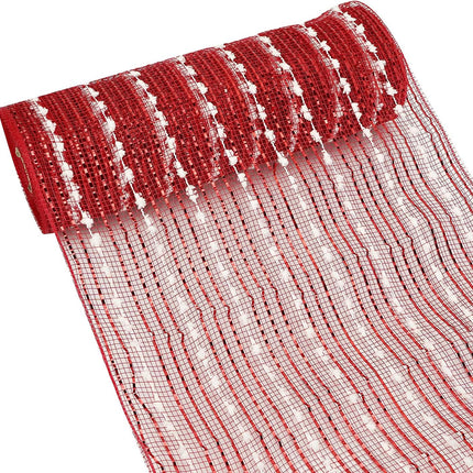 MEEDEE Snow Deco Mesh Ribbon Red Mesh Ribbon Red Deco Mesh 10 Inch Red Metallic Mesh with White Snow Balls for Wreaths Garland Decorating (30 Feet)