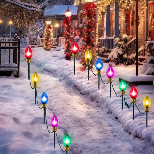 Joiedomi 17FT C7 Christmas Pathway Lights, 10 Pack Large LED Bulbs Stake Lights, Multicolor Outdoor Walkway Lights Waterproof Connectable for Christmas Holiday Yard Garden Lawn Driveway Decoration