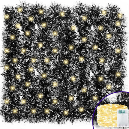 TURNMEON 30 Ft Christmas Tinsel Garland 30 Ft 100 Warm White Lights Thick and Thin Metallic Streamers Foil Tinsel Twist Black Garland Christmas Tree Decorations Indoor Outdoor Party Supplies
