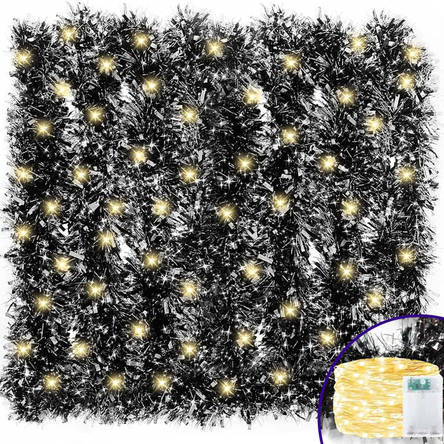 TURNMEON 30 Ft Christmas Tinsel Garland 30 Ft 100 Warm White Lights Thick and Thin Metallic Streamers Foil Tinsel Twist Black Garland Christmas Tree Decorations Indoor Outdoor Party Supplies