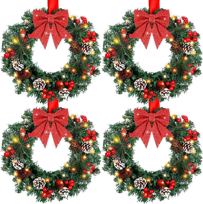 VIHOSE 4 Pcs Christmas Wreath 13'' Artificial Christmas Front Door Wreath Ornament with LED Light Xmas Wreath Red Bow Pine Cones Red Berries Pine Needle for Holiday Party Decoration Battery Operated