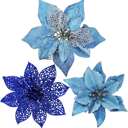 Winlyn 24 Set 3 Styles Christmas Blue Glitter Poinsettia Flowers Picks Christmas Tree Ornaments for Blue Christmas Tree Wreaths Garland Holiday Seasonal Wedding Decorations White Box Included