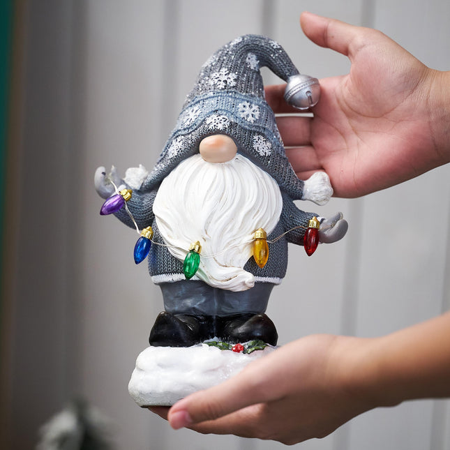 TERESA'S COLLECTIONS Christmas Decorations Garden Gnome with LED Lights, Solar-Powered Outdoor Statue, Festive Silver Decor, Durable Resin Sculpture for Front Porch, Yard, Ideal 8.8"
