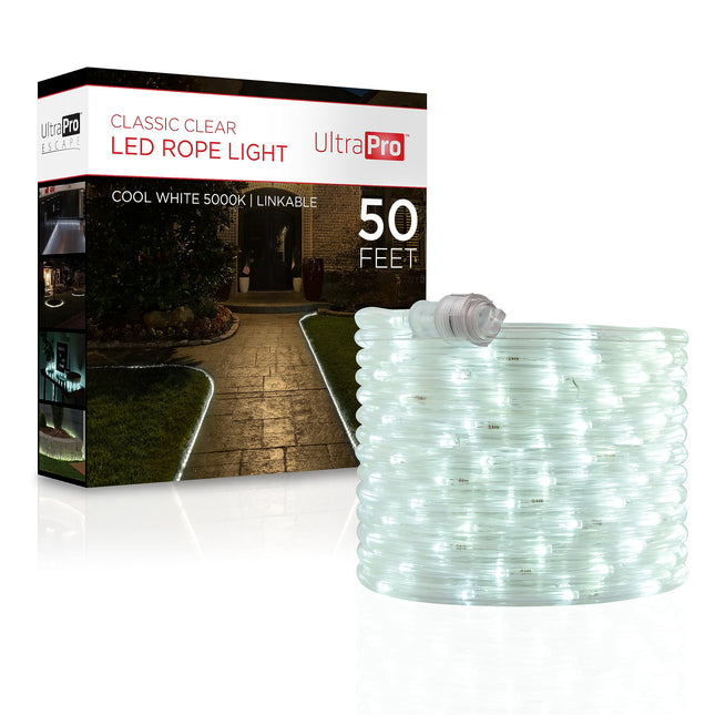 UltraPro LED Rope Lights, 50ft Classic Clear Rope, Cool White Light 5000K, Indoor/Outdoor, Flexible, Linkable, Durable, Rope Lights Outdoor, 54846