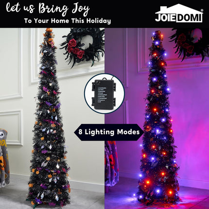 JOIEDOMI 5 FT Halloween Tree Outdoor Halloween Decorations with Timer 8 Modes, Pop Up Pencil Tree Tinsel Christmas Trees Collapsible Tree for Halloween Party Supplies Indoor Outside