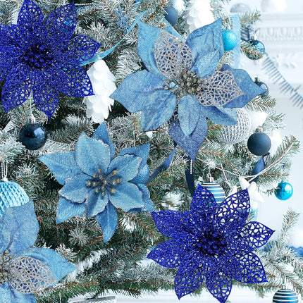 Winlyn 24 Set 3 Styles Christmas Blue Glitter Poinsettia Flowers Picks Christmas Tree Ornaments for Blue Christmas Tree Wreaths Garland Holiday Seasonal Wedding Decorations White Box Included