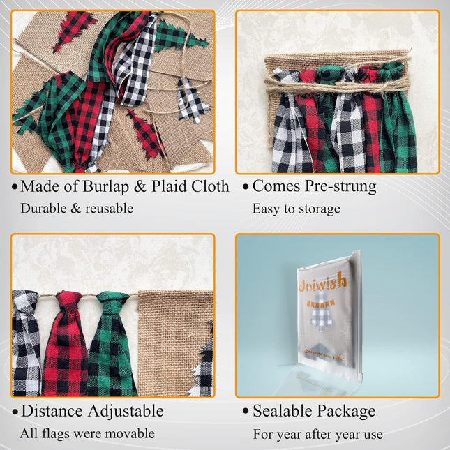 Uniwish Buffalo Plaid Christmas Tree Banner Garland Christmas Decorations for Mantel Fireplace White Red Green Christmas Gingham Tassel Hanging Bunting