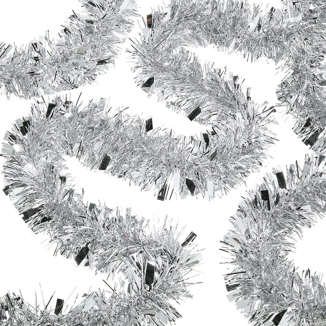 WILLBOND 50 Feet Christmas Silver Tinsel Garland Metallic Tinsel Twist Garland Christmas Tree Decorations Birthday Wedding Year Hanging Decorations Party Supplies, 3 Inch