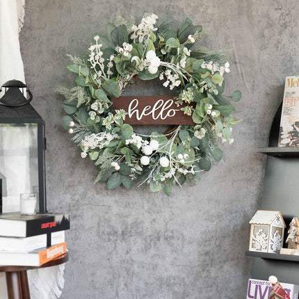 Winter Christmas Wreaths Front Door Decoration, Soomeir Artificial Wreath with Snow Leaves, Pines Needles and Hello Wooden Sign for Home Window Mantle Indoor Outdoor Decor