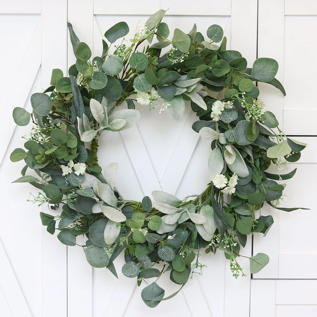 22 Inch Eucalyptus Wreath with Hello Sign, Spring Summer Wreaths for Front Door Green Winter Wreaths for Front Door Windows,Porch,Fireplace,Indoors and Outdoor Home Decoration