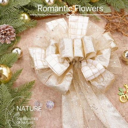 Christmas Tree Topper Bow 52x12“ Christmas Ornament with Glitter Satin Mesh Streamer,for Your Christmas Decor & Ornaments (Champagne Gold)