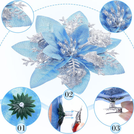 24 Christmas Glitter Artificial Poinsettia Flowers Xmas Poinsettia Artificial Wedding Flowers Decorations Xmas Tree Ornaments with Clips for Party Favors, 6 Inch, 4 Inch, 3 Inch (Silver and Blue)