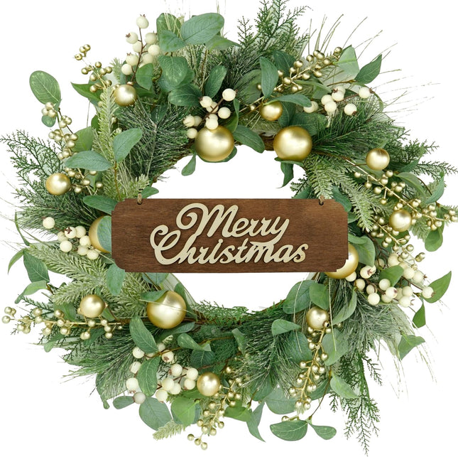 20 inch Artificial Christmas Wreath Winter Wreath for Front Door with Champagne Gold Berry,Christmas Balls for Front Door Farmhouse Indoor Outdoor Holiday Home Decor