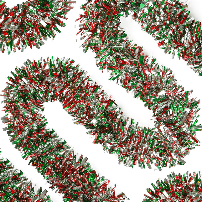Sggvecsy 49.2Ft Christmas Green Red Silver Tinsel Garland Xmas Tree Decorations Christmas Metallic Twist Garland Ceiling Hanging Decorations for Year Party Birthday Holiday Indoor Outdoor Supplies