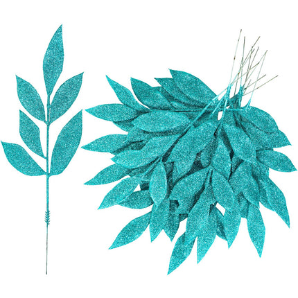 Winlyn 40 Pcs Teal Glitter Bay Leaf Sprays Artificial Christmas Tree Picks Sprays 12.7" Tall for Teal Christmas Tree Winter Wreath Swag Floral Arrangement Vase Wedding Bouquet Centerpiece Decoration