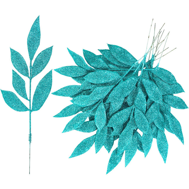 Winlyn 40 Pcs Teal Glitter Bay Leaf Sprays Artificial Christmas Tree Picks Sprays 12.7" Tall for Teal Christmas Tree Winter Wreath Swag Floral Arrangement Vase Wedding Bouquet Centerpiece Decoration