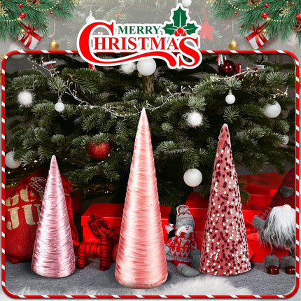 Ceenna 3 Pcs Pink Christmas Cone Trees, Velvet Sequin Christmas Tree Cones Modern Winter Tree Decorations Handmade Table Centerpiece Decor for Xmas Farmhouse Home Decor (13.7inch, 11.8inch, 9.8inch)