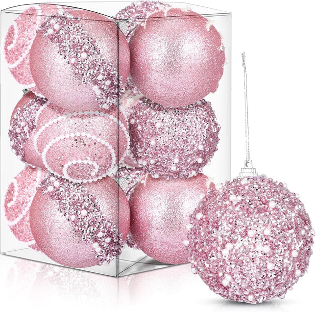 Liliful 12 Pcs Christmas Ball Ornaments Christmas Tree Decorations Foam Glitter Balls Hanging Xmas Tree Balls for Home Year Holiday Indoor Outdoor Party Decor (Pink,3.54 Inch)