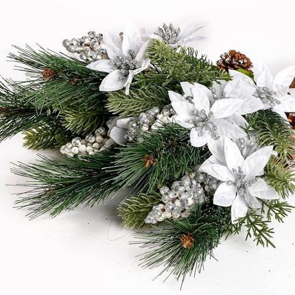 Sggvecsy 6 Pack Artificial Christmas Poinsettia Picks Faux Berries Pine Stems Berry Pine Branches with Pine Cones Poinsettia for Xmas Tree Wreath DIY Craft Floral Arrangement Holiday Decor (Silver)