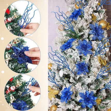 Yinder 48 Pcs Glitter Christmas Tree Filler Decorations Set 24 Pcs 13.7'' Christmas Curly Spray Picks 24 Christmas Poinsettia Flowers Artificial Twigs for Xmas Party Wreath Table Centerpiece (Blue)