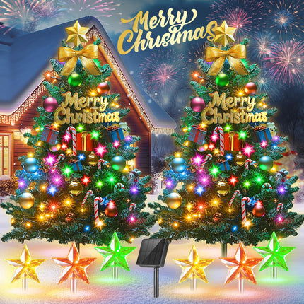 Outdoor Christmas Decorations: 2 Pack 30In Artificial Solar Christmas Tree Lights with 33 LED, 3 Star Stake Lights, 8 Modes Solar Christmas Lights Outdoor Waterproof for Yard, Pathway, Grave Decor